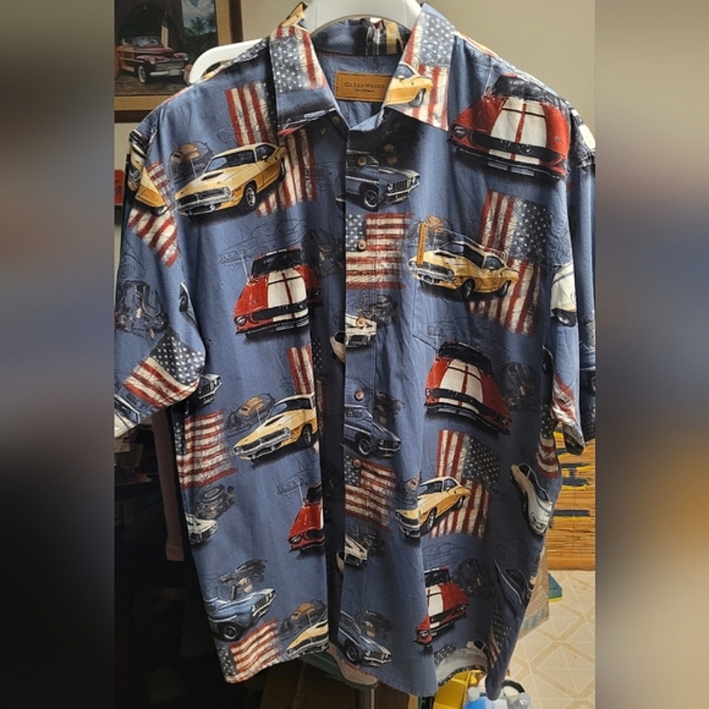 MUSCLE CARS sueded Hawaiian shirt XL Mustang Camaro Barracuda Firebird Americana